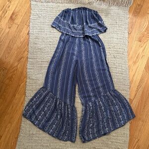 🔵Japna Dusty Blue Boho Hippie Strapless Ruffle Romper Sz Small